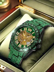 CAROTIF Green Crystal - Studded Skeleton Automatic Watch – Luxury Gold Movement, Roman Numerals” Key Info