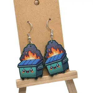 Quirky Dumpster Fire Charms and Pendant Earrings with Cute Faces and Flames Design Funky Jewelry Hook Earrings for Versatile Appeal
