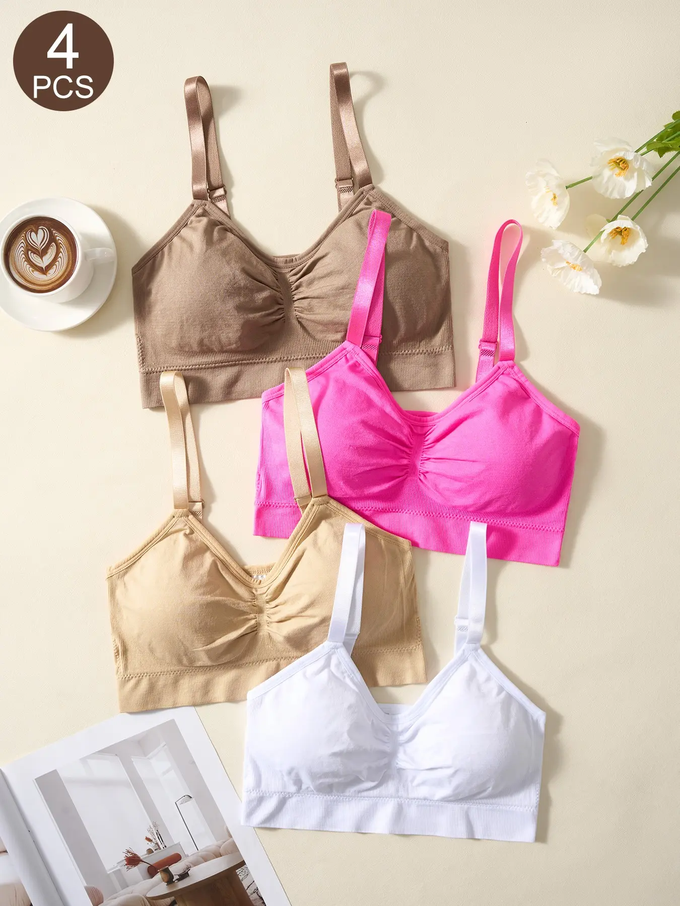 4-Pack Women's Seamless Wireless Bras, Removable Pads, Soft Comfort, Casual Style, Medium Support, All Seasons, Up to 44D, Detachable Padded Bra