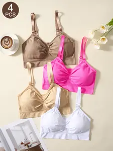4-Pack Women's Seamless Wireless Bras, Removable Pads, Soft Comfort, Casual Style, Medium Support, All Seasons, Up to 44D