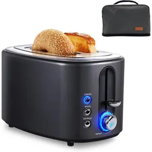 2 Slice Toaster with Cover, Retro Stainless Steel Toasters,1.5'' Extra Wide Slot,Cancel Bagel Defrost Reheat Functions, 6 Toast Browning Settings, Removable Crumb Tray,Black