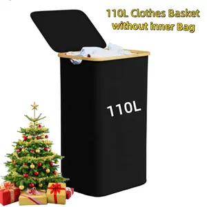 Nw 3Lbs Christmas  Gift Laundry Hamper with Lid, 110L Clothes Basket Bin with Bamboo Handles, Collapsible Laundry Hamper for Bedroom, Bathroom, Laundry Room Organiser Black