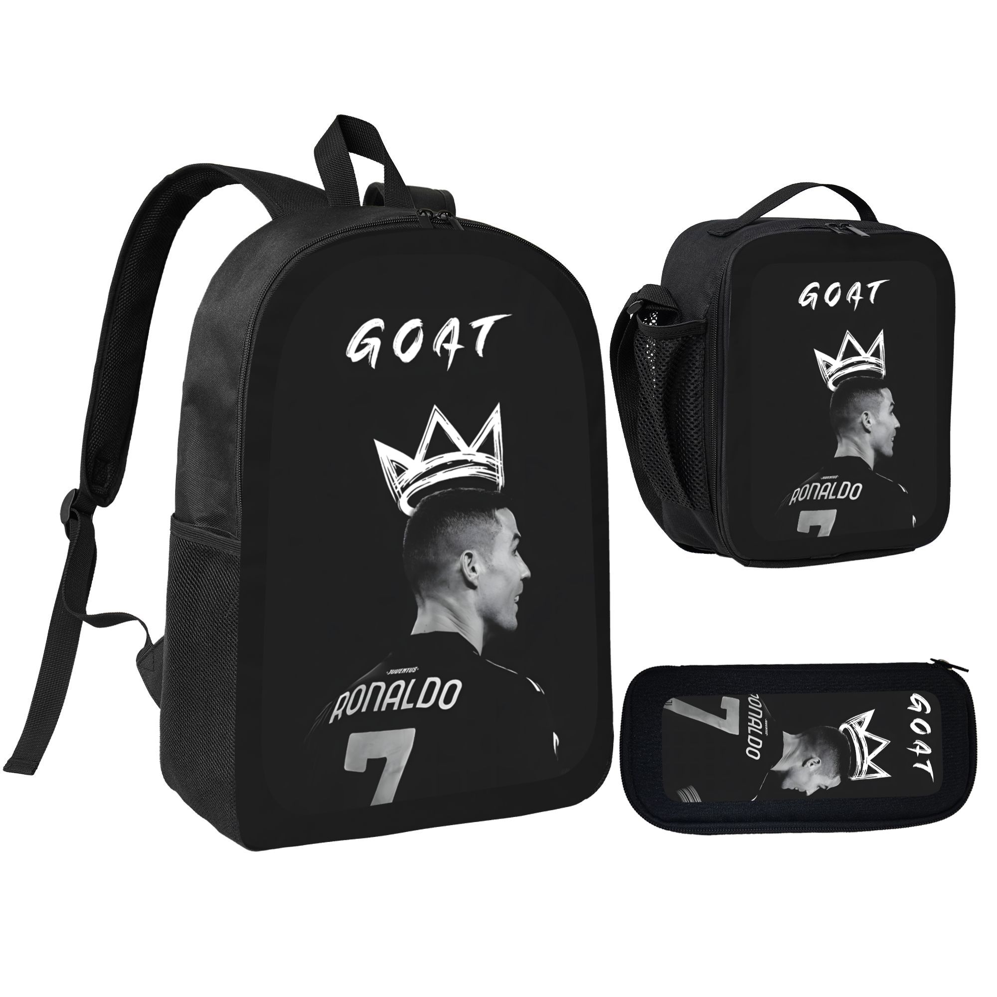 CR7 Football Player Pattern Backpack Set - 3 Piece School Backpack Lunch Bag Pencil Case for Teens Students Sports Lovers | TikTok Trending Stylish Durable Large Capacity Convenient Portable