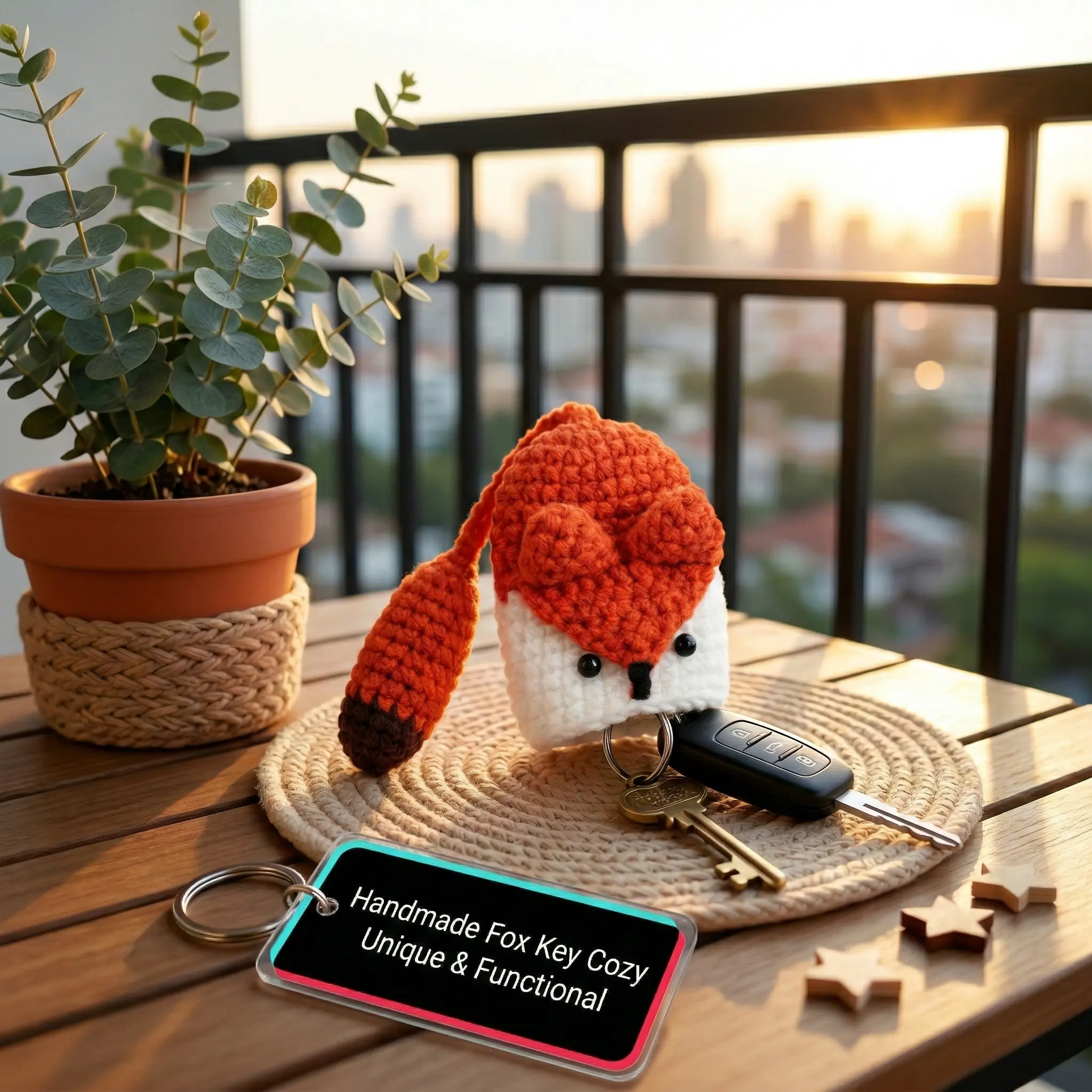 Handmade Crochet Fox Key Fob Pouch | Acrylic Yarn Key Cover | Perfect Gift Idea, House Keys, Car Keys
