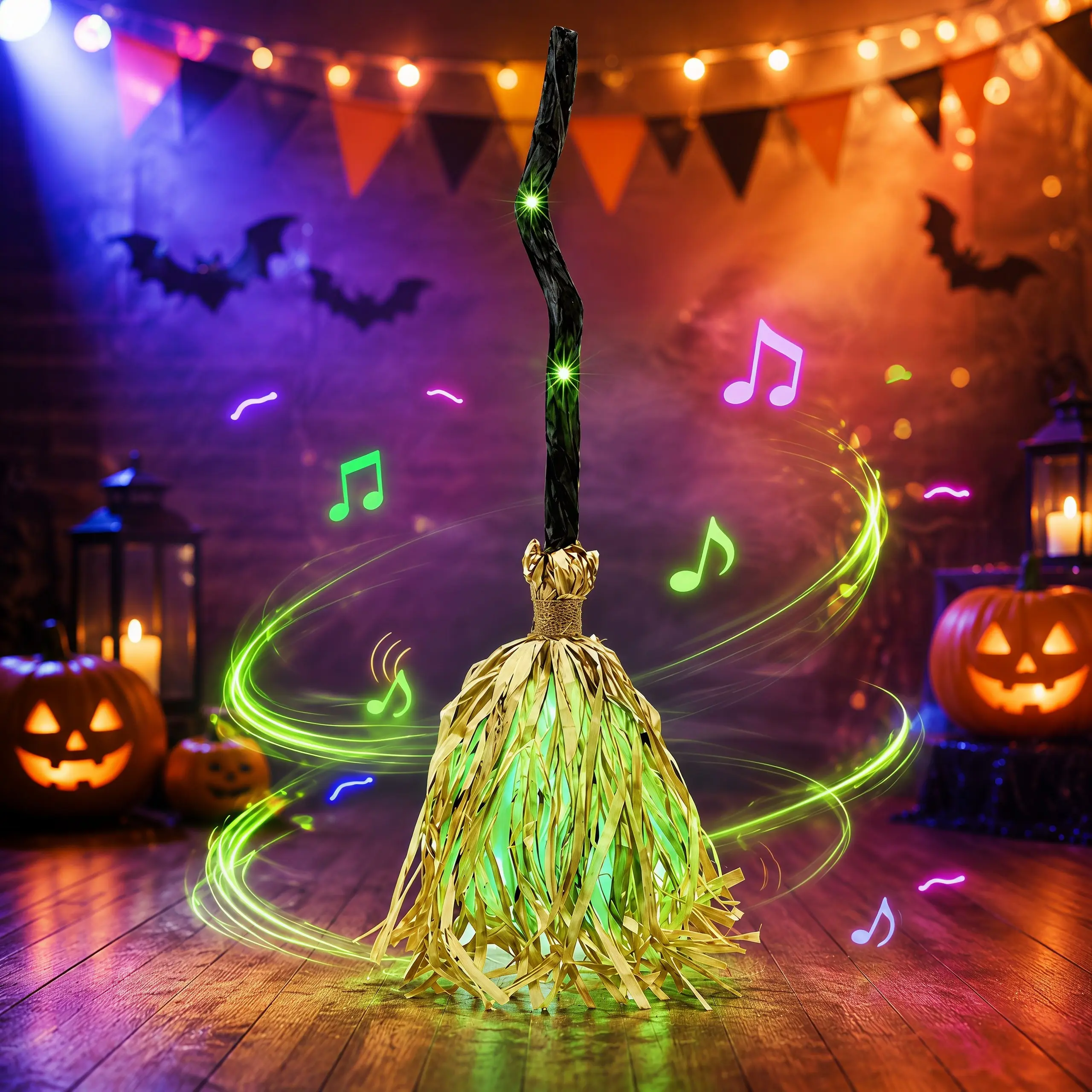 Animated Witch Broom with Lights, Music and Motion, Halloween Party Decorations, Light Up Musical Witch Broom Prop for Spooky Atmosphere Decor, Scene Decoration