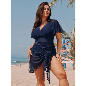 BLOOMCHIC Plus Size Sheer Sleeve Tassel Hem One-Piece Swimsuit [M-6X] 2026 Summer Vibes Swimweek