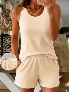 Women's Solid Color Tank Top & Shorts Two-piece Set, Casual Sleeveless Top & Shorts for Beach Vacation, Ladies Two-piece Set for All Seasons, Loungewear