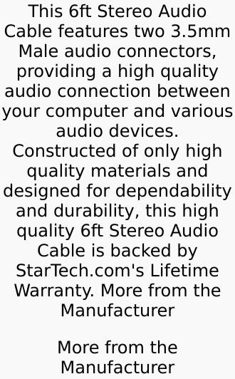 StarTech 6ft 3.5mm Stereo Audio Cable - M/M, M/M Plug, Male-To-Male