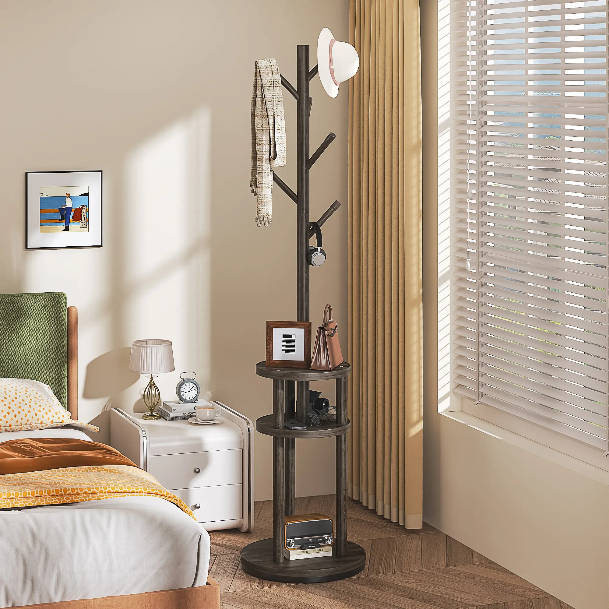 VECELO Swivel Coat Rack, Wood Rotary Freestanding Coat Hall Tree Stand With 3 Tiers Storage Display Shelf And 6 Hanging Handles For Entryway Bedroom Corner Office Garment Clothes Holder, 64.96'' H X 15.75'' W X 15.75'' D, 360° Rotary