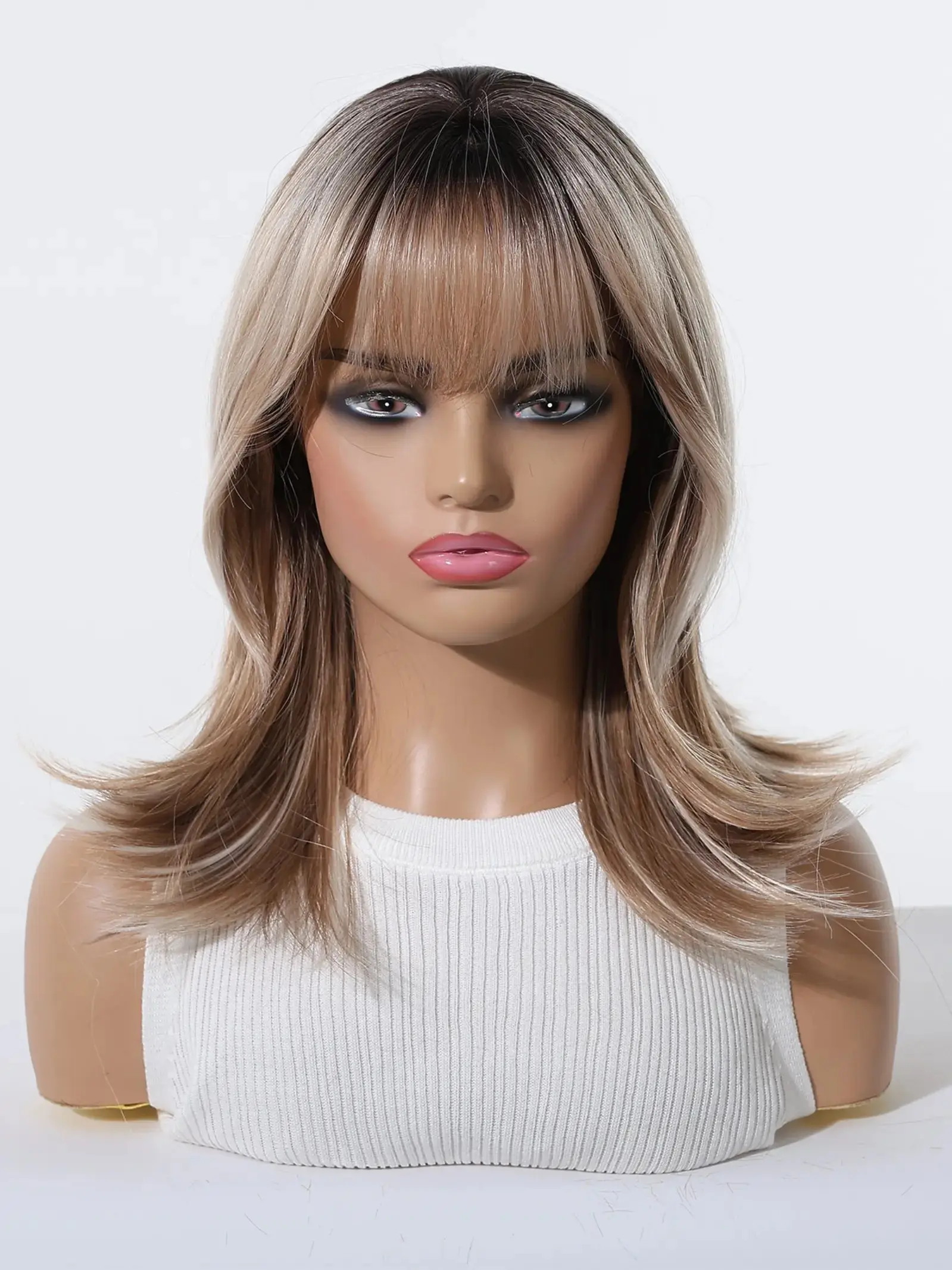 Effortless Layered Lob Wig with Face-Framing Bangs, Ombre Root Heat Resistant Synthetic Hair, Medium Length, Layered Cut Wig, All Seasons, Stylist Friendly Wig, Synthetic Layered Wigs