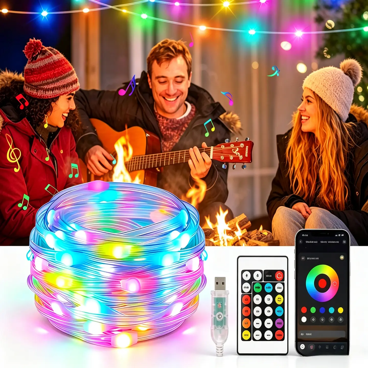 32.8ft Customizable RGB LED String Lights, IC Dynamic Colors, Bluetooth APP & Remote Control, USB Powered Wireless Lights, Music Sync, Dimmable, Timer, IP67 Waterproof for Christmas Tree Decor