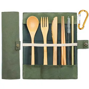 Reusable Eco-Friendly Bamboo Cutlery Set with Canvas Pouch Lightweight Handy Utensils Fork Chopsticks Tableware