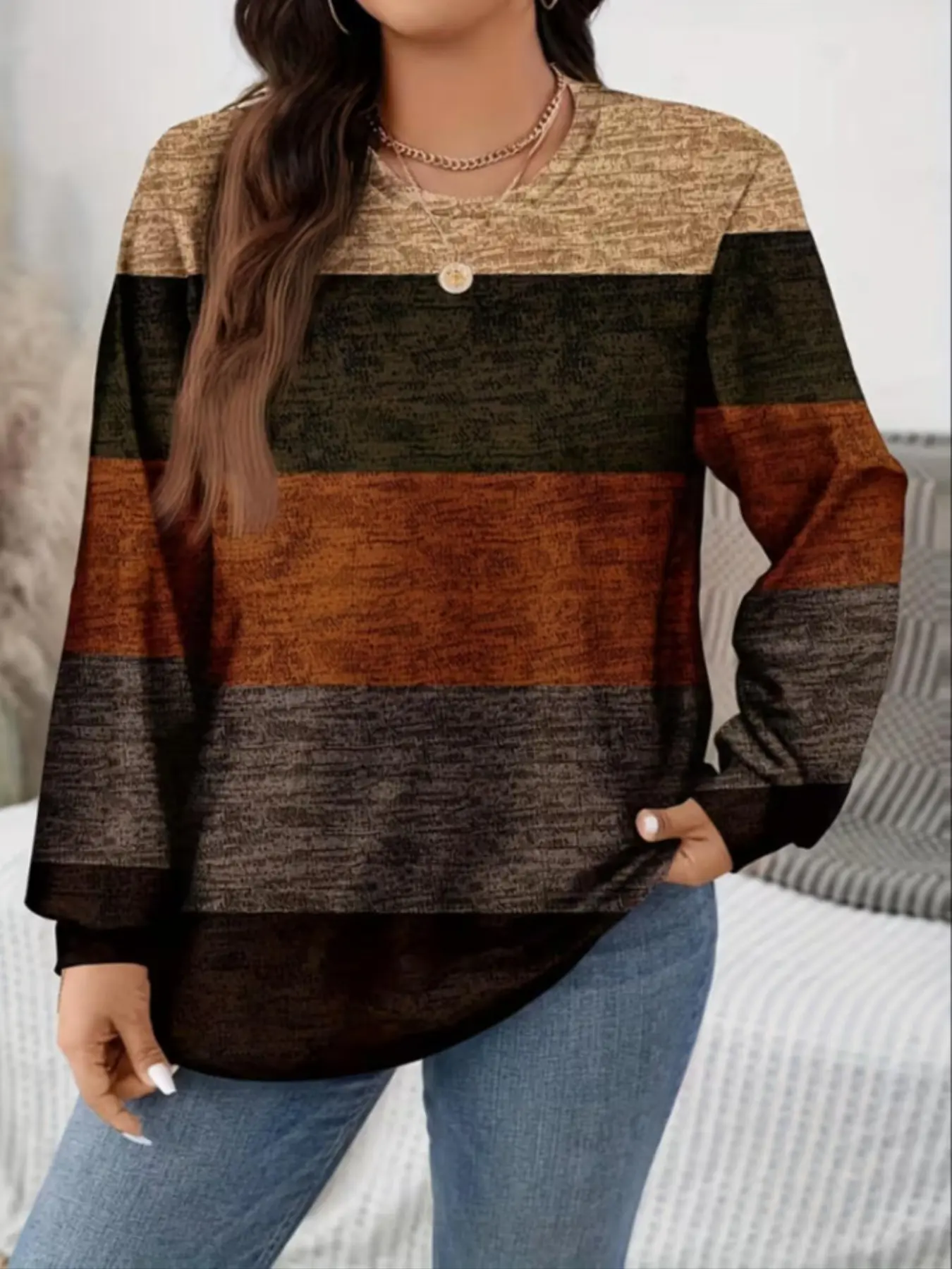 Elegant Plus Size Women's Lantern Sleeve T-Shirt, Long Sleeve, Spring/autumn Striped Patchwork Colorblock Print, Casual Everyday Loose Fit Fashion Style Round Neck Top