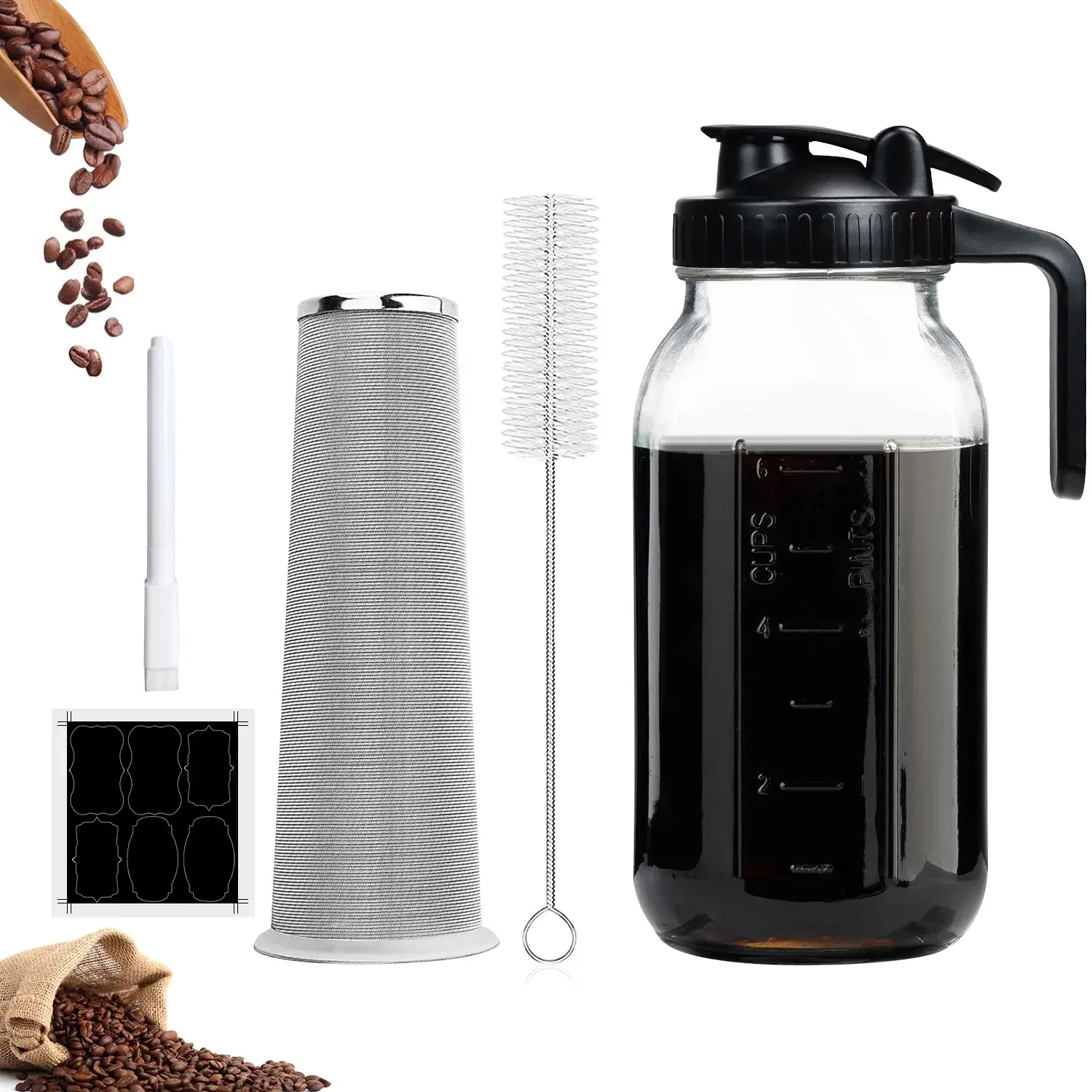 Cold Brew Coffee Maker – 64oz Wide Mouth Glass Pitcher with Stainless Steel Filter, Airtight Lid with Pour Spout and Handle – Durable Mason Jar Style for Iced Coffee, Tea, and Lemonade