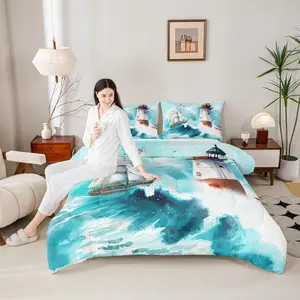 Nautical Comforter Set,Lighthouse Sailing Boat Bedding Set for Kids Teens Boys Girls Room Decor,Watercolor Waves Down Comforter