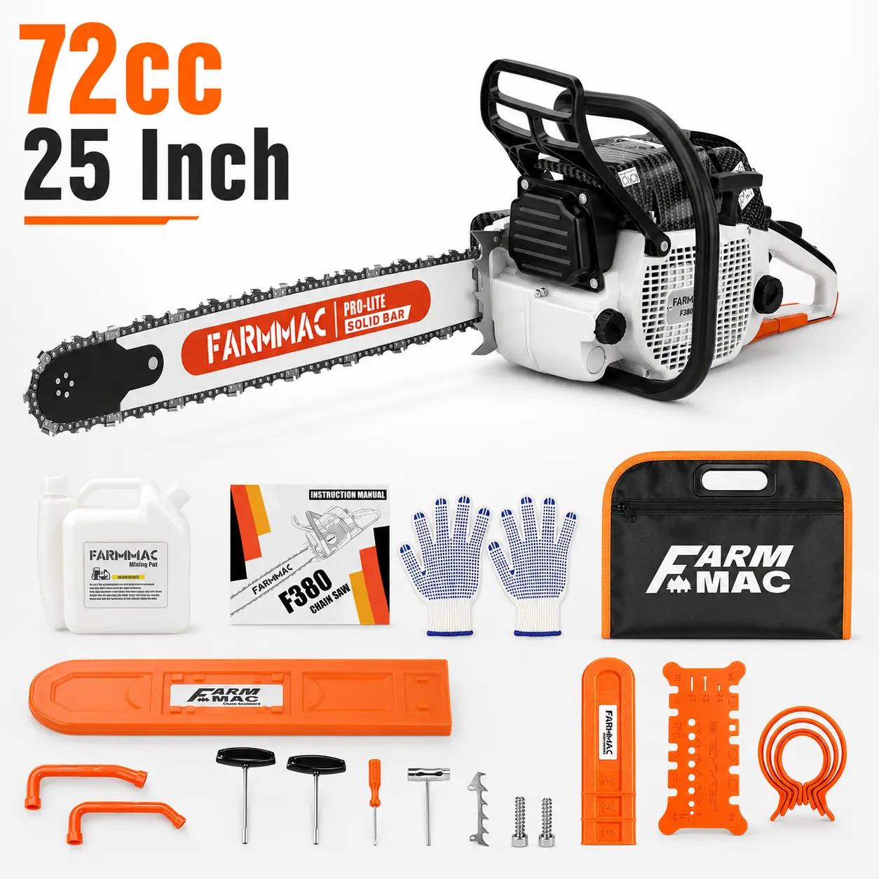 72cc 2-Cycle Gasoline Power Chain Saws, F380W Gas Chainsaw with 25 Inch Alloy Solid Bar, 3.6KW 4.8HP for Professional Logging Work, Power Chain Saw All Parts Compatible with MS381 MS380 038