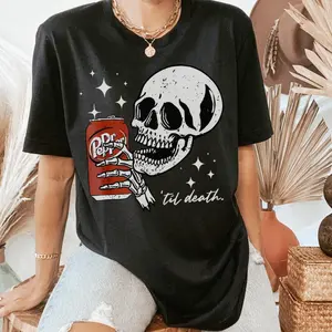 Till Death Dr. Pepper Shirt, Skeleton Halloween Cute Dr Pepper Skeleton drinking Dr. Pepper Top Cotton