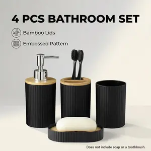 Bamboo Wood Stripe Round Cup Set 4 Piece, Toothbrush Holder, Soap Dish, Dispenser, Bathroom Storage, Bathroom Accessories, Home Decor