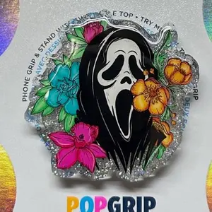 Magnetic Phone Grip Ghost Face Design Flower Magsafe Popsocket, Magsafe Phone Grip , Halloween Gift, Halloween Colection, Gift for Friend, Gift for Girl Friend  | Phone Grip | Kindle Grip | Bookish | Acrylic/Resin |