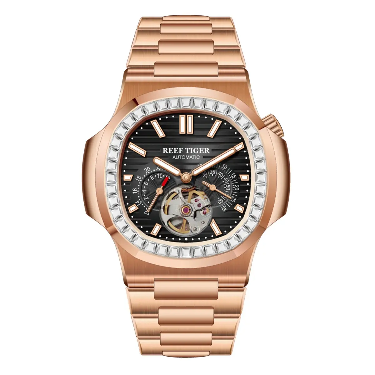 Reef Tiger RT Men's High End Automatic Mechanical Watch - Crystal Encrusted, Diamond Bling Decorative Wrist Watch, 24-Hour Display, Tourbillon, Luminous Hands & Markers, Sapphire Crystal, High End Watch, Crystal Encrusted Wrist Watches
