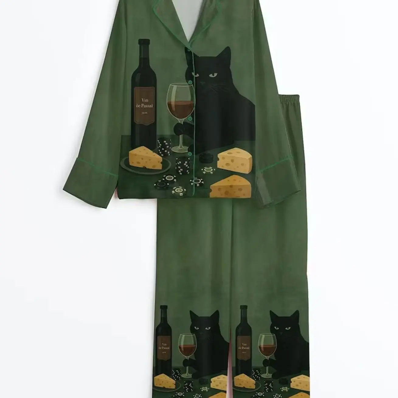 Black Cat Wine & Cheese Pajama Set for Women, Short Sleeve Button Up Sleepwear, Funny Cat Print Pajamas, Cozy Loungewear Gift G0M