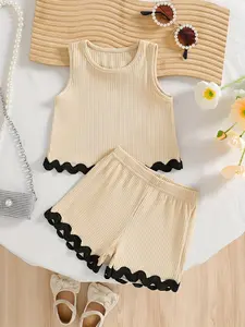 Girls' Sleeveless Vest Shorts Set, Soft Breathable Fabric, Round Neck Design, Wave Edge Decor, Summer Casual Wear, Children