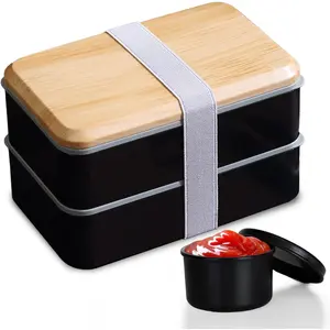 1400ml Bento Box Adult Lunch Box Large with 2 Layered Stackable Compartments & Utensil Set Cute Japanese Lunch Box Leak-Proof Microwave/Dishwasher Safe, 47oz (Black)