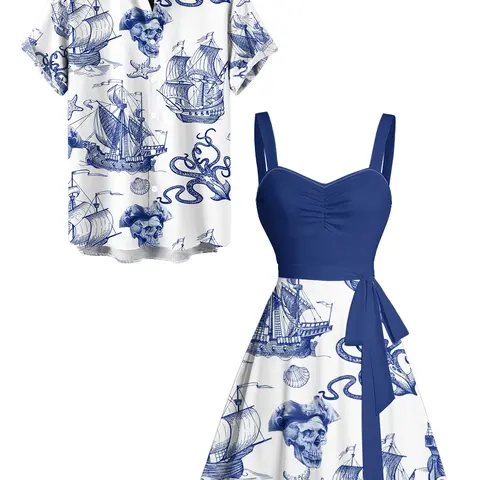 2025 Beach Couple Outfit Sailing Anchor Starfish Skulls Ocean Elements Pattern Ruched Bust Sweetheart Neck Belt A Line Mini Dress and Roll Up Sleeve Shirt Vacation Matching Outfit