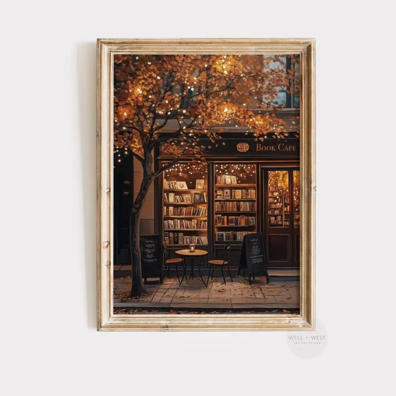 Autumn Coffee Shop Print, Moody Bookstore Art, Cozy Cafe Fall Art, Thanksgiving Decor, Book Lover, Dark Aesthetic Art