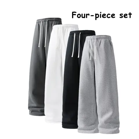 Men's 4-Pack Baggy Sweatpants (4-Piece Set) - Wideleg Bottoms, Elastic Waist with Drawstring, Polyester Men's Clothing, Loose-Fitting Casual Comfy Pants with Pockets