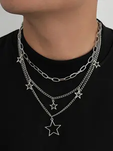 Punk Style Multi-Layer Chain Star Necklace Set, Five-Star Decoration Design, 3-Piece Punk Jewelry Series, Fashion Unisex Vintage Accessory, Cuban Link Design