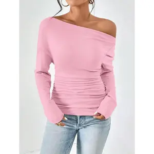 Women's Plain Minimalist Basic Ruched Asymmetrical Neck Drop Shoulder Tee, Elegance Mufti Clothes, Fall Long Sleeve T-shirt for Everyday, Back To School T Shirts, Lady Clothes for Streetwear, Womenswear, Casual Wear