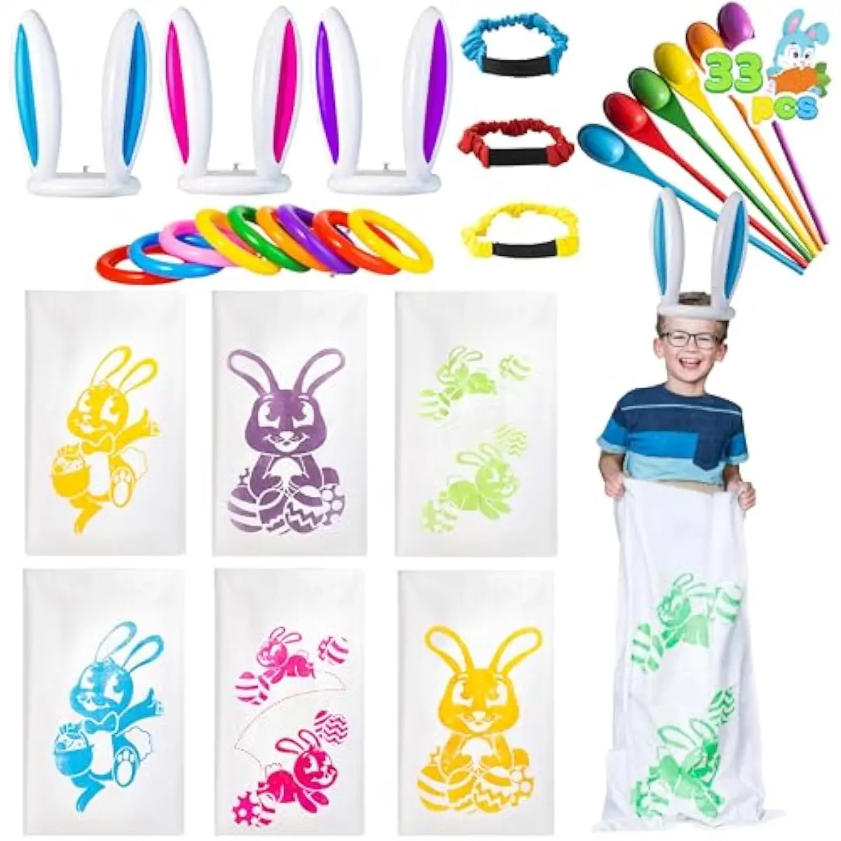 Easter 33PCS Potato Sack Race Jumping Bags, Spoon and Egg Race, 6 Players Legged Relay Race Bands Elastic Tie Rope for Easter Theme Party Favor, Outside Lawn,Eggs Hunt Game Activities