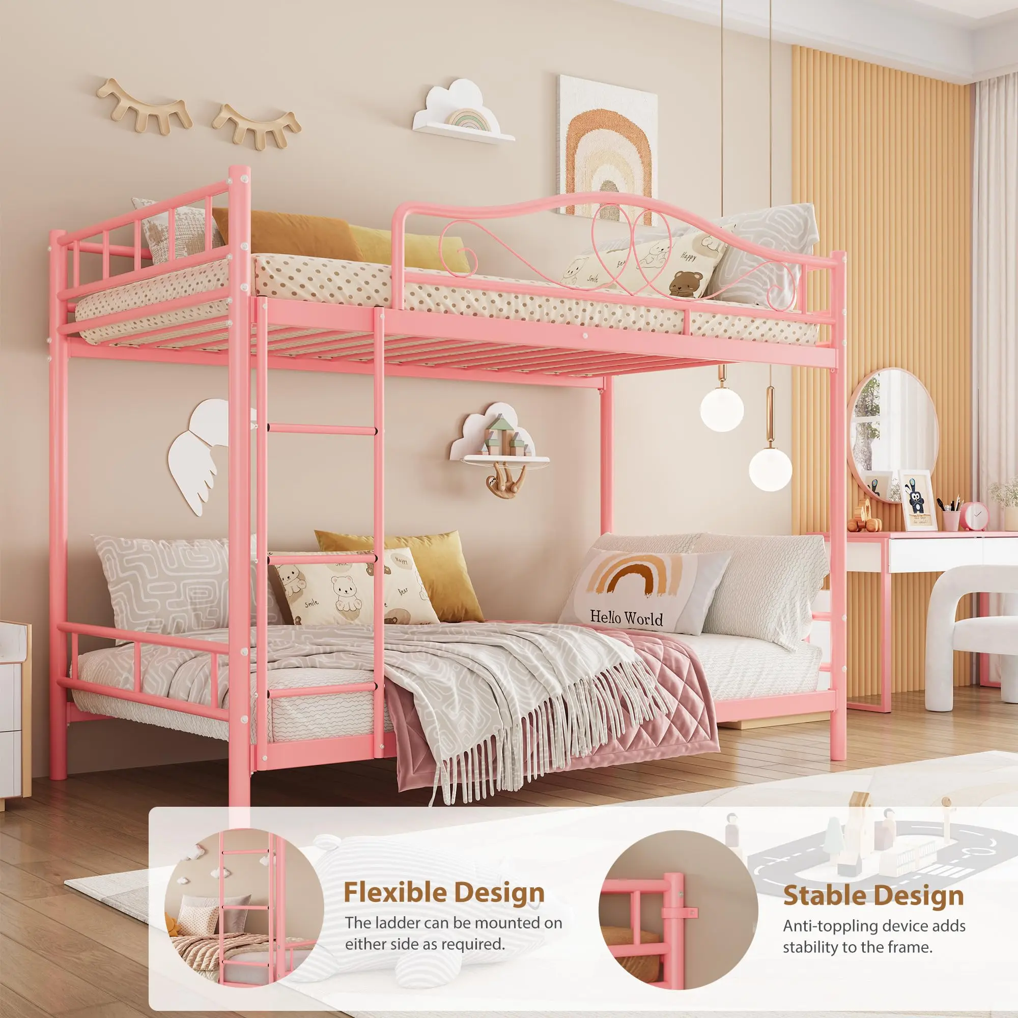 Garvee Heavy Duty 400lbs Twin Over Twin Metal Bunk Bed for Kids – Space-Saving, Noise-Free, Sturdy Frame with Safety Guardrails, Under-Bed Storage, No Box Spring, Easy Assembly, Pink