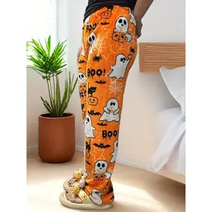 Women's flannel sleeping pants - Ghost, Bat, Pumpkin Witch Hat print for comfortable flannel sleep, with elastic waistband, suitable for families to keep warm in winter, clothing party washable orange black adult