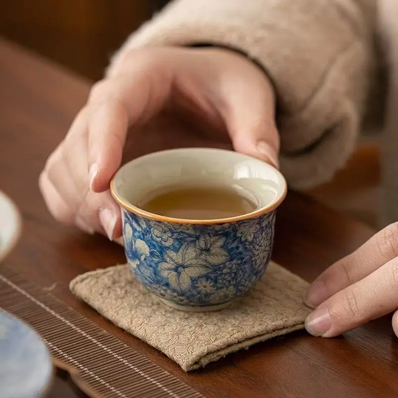 Traditional Ruyao Blue-and-White Porcelain Single Cup with Blooming Flowers Glaze - Hot Drinks Use, Blue Porcelain Monumental & Decorative Collectibles, Home Accent Piece