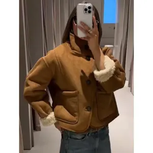 Reversible Suede Jacket Women's jacket autumn winter button teddy fleece jacket Vintage long sleeve outerwears warm Large pockets coat Street Style Casual Outdoor Jacket