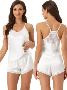 INSPIRE CHIC Women's Satin Pajamas Sleeveless Lace Trim Camisole Top with Shorts Sliky Lounge Sets