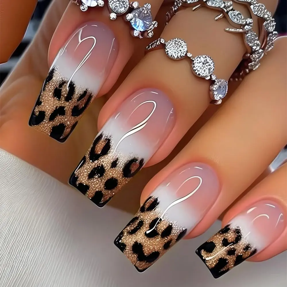 Leopard Press on Nails Gold Glitter Fake Nails Medium Square False Nails with Design Nude Gradient Glue on Nail Acrylic Nail Full Cover French Tip Stick on Nails for Women Decoration 24Pcs
