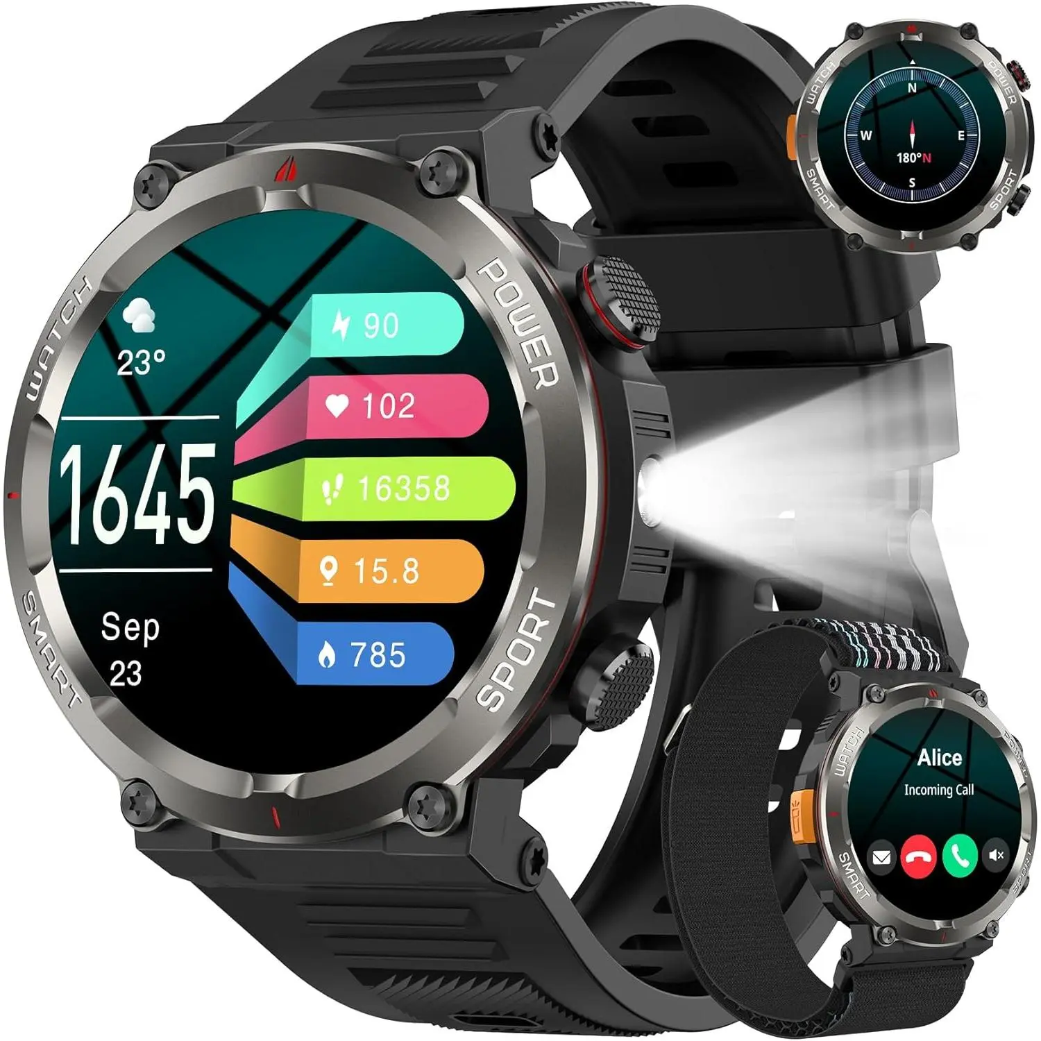Large Screen Smartwatch with LED Flashlight Smart Watch for Men, 100 Days Battery/Led Flashlight/Compass/2 Straps/IP68 Waterproof Smart Watches for Men, Tactical Smart Watch Outdoor, Answer/Make Calls Fitness Tracker for iPhone/Android