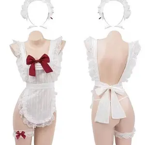 Women's Sweet White Lace Maid Cosplay Outfit Open Back Tie-Up Design Red Bow Accent Ruffle Trim Maid Headband Thigh Garter for Themed Parties & Cosplay Events