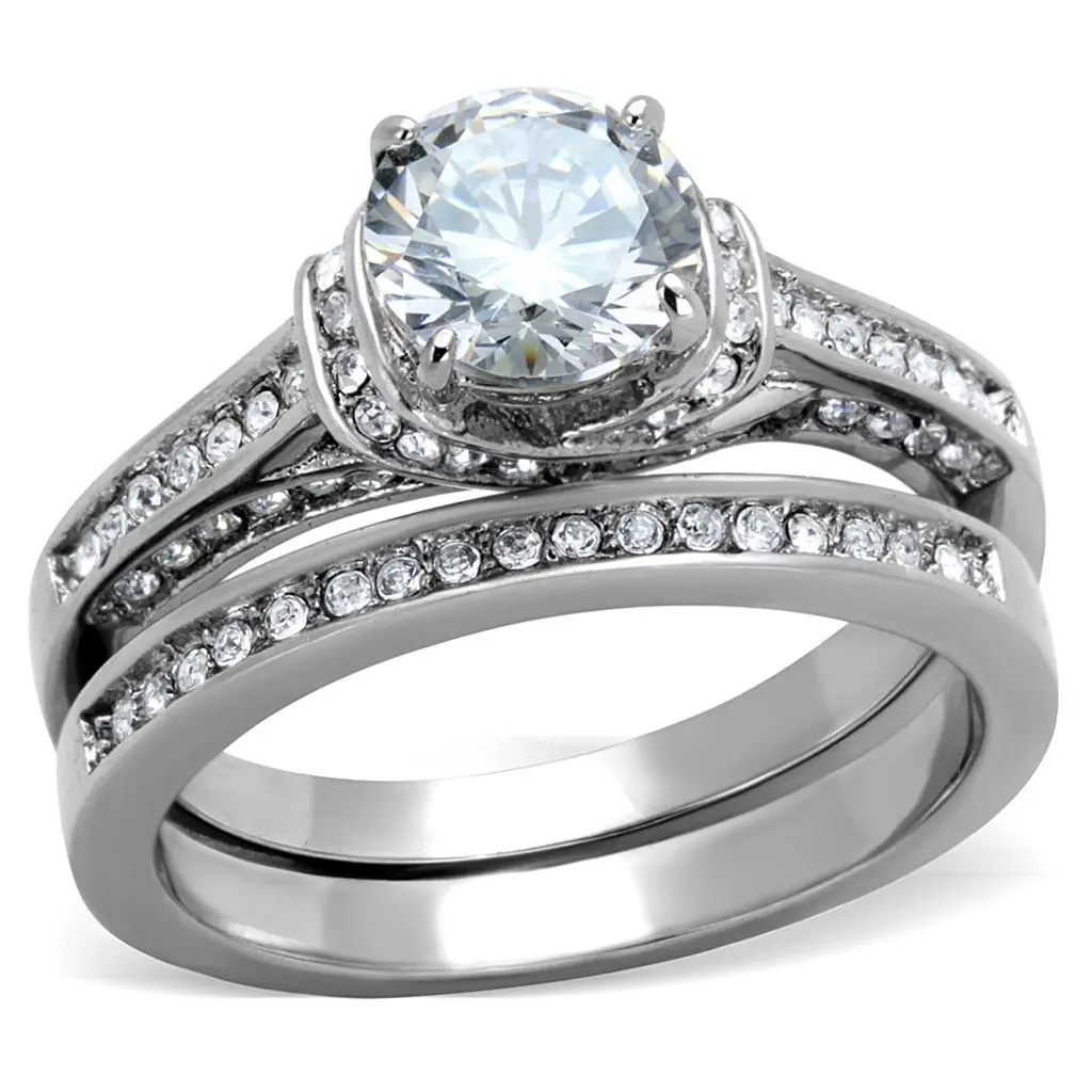 Lanyjewelry 1 Carat Round Cut Brilliant CZ Artificial Gemstone Ring - Women's Stainless Steel Solitaire Engagement & Wedding Ring Set, Hypoallergenic Non-Tarnish Jewelry, Round Cut Rings
