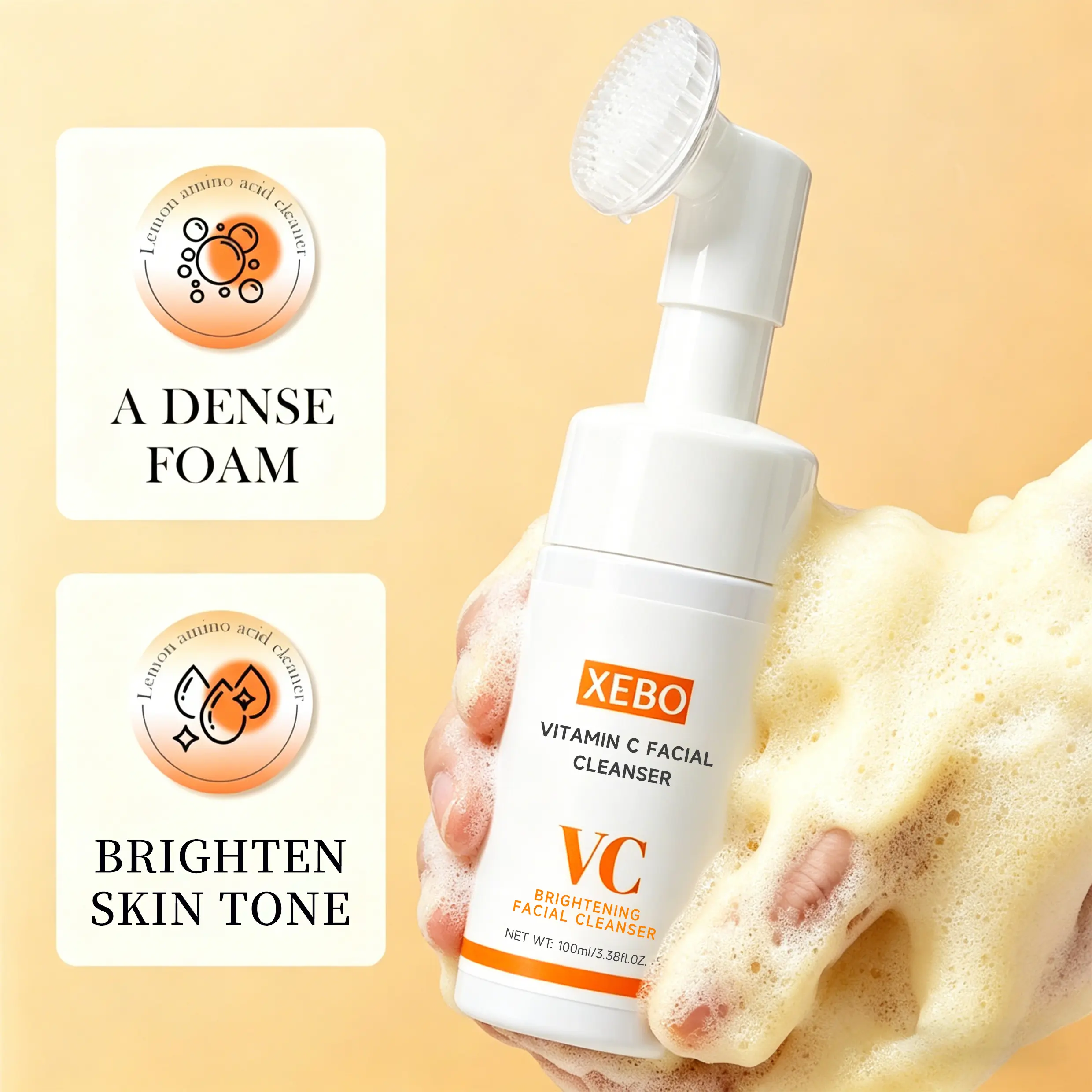 XEBO Brightening Vitamin C Facial Cleanser | Deep Cleaning Foaming Mousse | Gentle Face Wash for Glowing Skin | Antioxidant Daily Cleansing Foam Silkening Creamy outdoorfun Brightening Cleanser