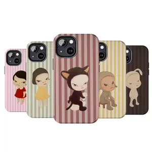 Vintage Striped YOSHITOMO NARA Art Phone Case, Preppy and Cute Aesthetic Japan Cover Suitable for iPhone 17-11 Pro Max/Plus and  Samsung Galaxy S23-25