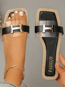 Leather Slide Sandals with Gold "H" Buckle - Minimalist Flat Flip Flops for Women Footwear