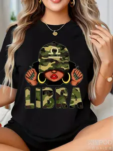 Plus Size Unisex Libra Zodiac Camo Print T-Shirt with Cap Earrings Design - Green & Golden Lettering Retro Graphic Tee, 220gsm Heavyweight Pure Short Sleeve Round Neck Top for Men & Women, All-Season Casual & Camping Wear, Astrology-Themed Apparel