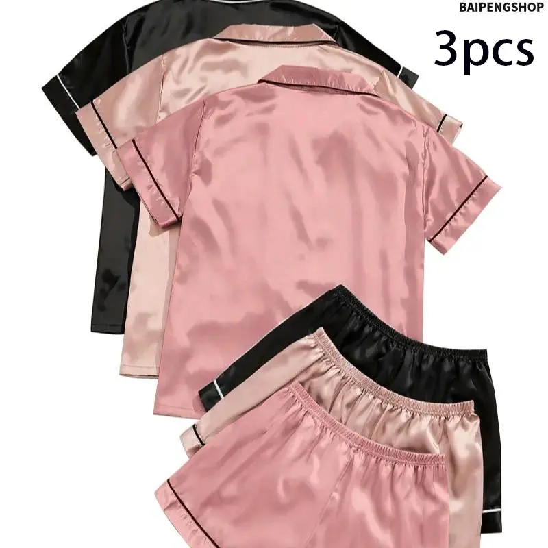 Women's Elegant French 3-Piece Plain Solid Colors Silky Satin Pajama Set - Button-Front Lapel Short-Sleeve Top, Contrast Binding Shorts, Luxury Soft Glossy Polyester Loungewear for Indoor Rest, Casual Home Use