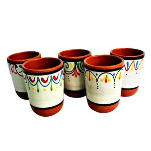 Terracotta White Cups, Set of 5 - Hand Painted From Spain
