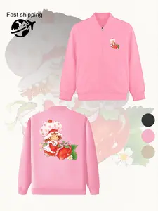 Women's Strawberry Shortcake Zipper Jacket, Casual Fitted Graphic Geometric Print Coat, Fashionable Outerwear for All Seasons, Durable Multifunctional Design