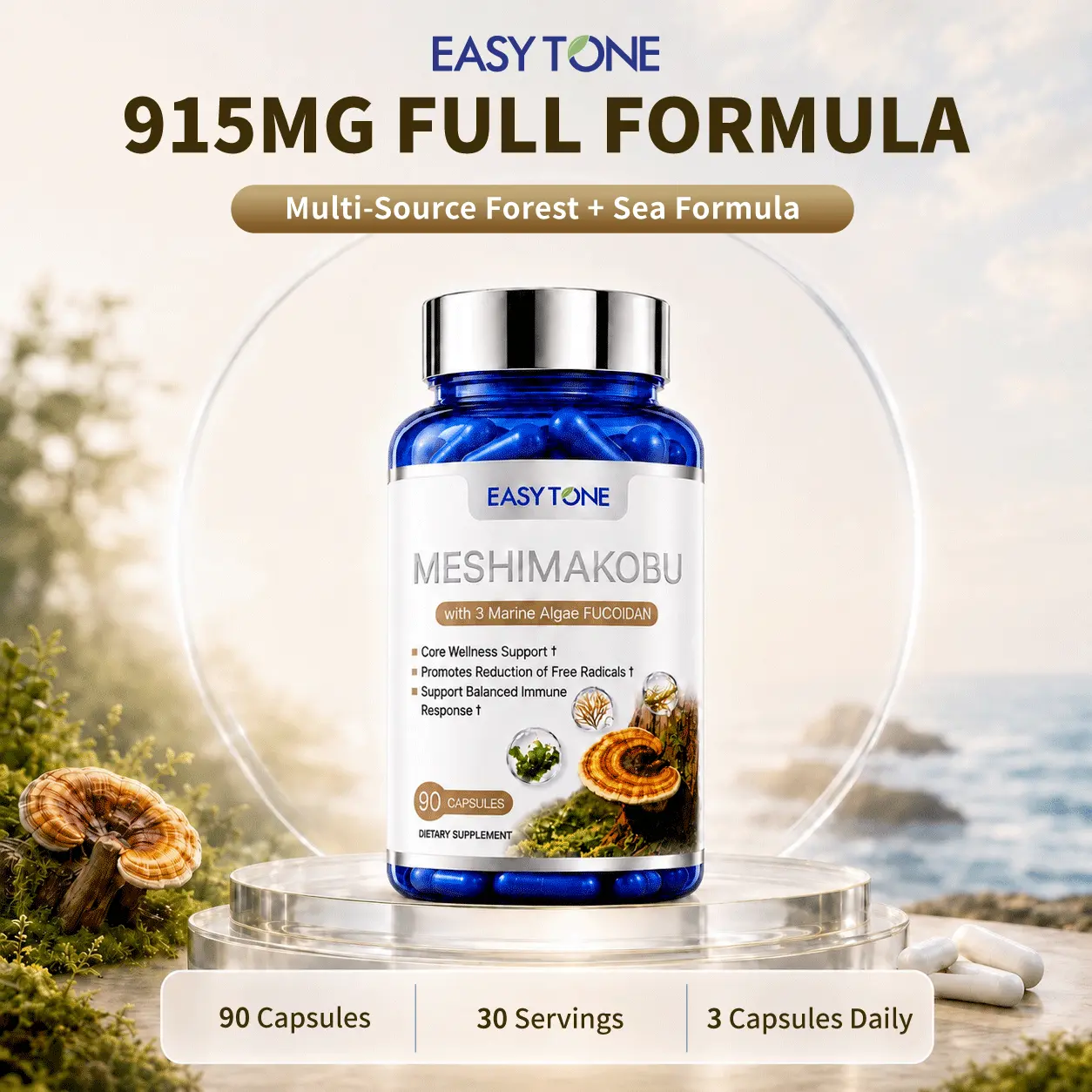 EasyTone Meshimakobu Mushroom Complex with Triple Fucoidan, Reishi, Lion's Mane, Agaricus Blazei & Boswellia, Dietary Supplement,  Vegan Capsules